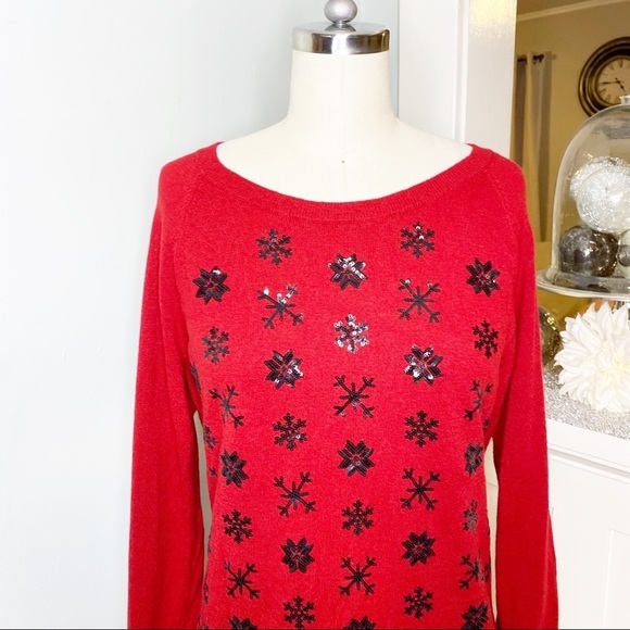 Talbots Red Sequin Lambswool Crew Neck Holiday Sweater - Picture 4 of 12